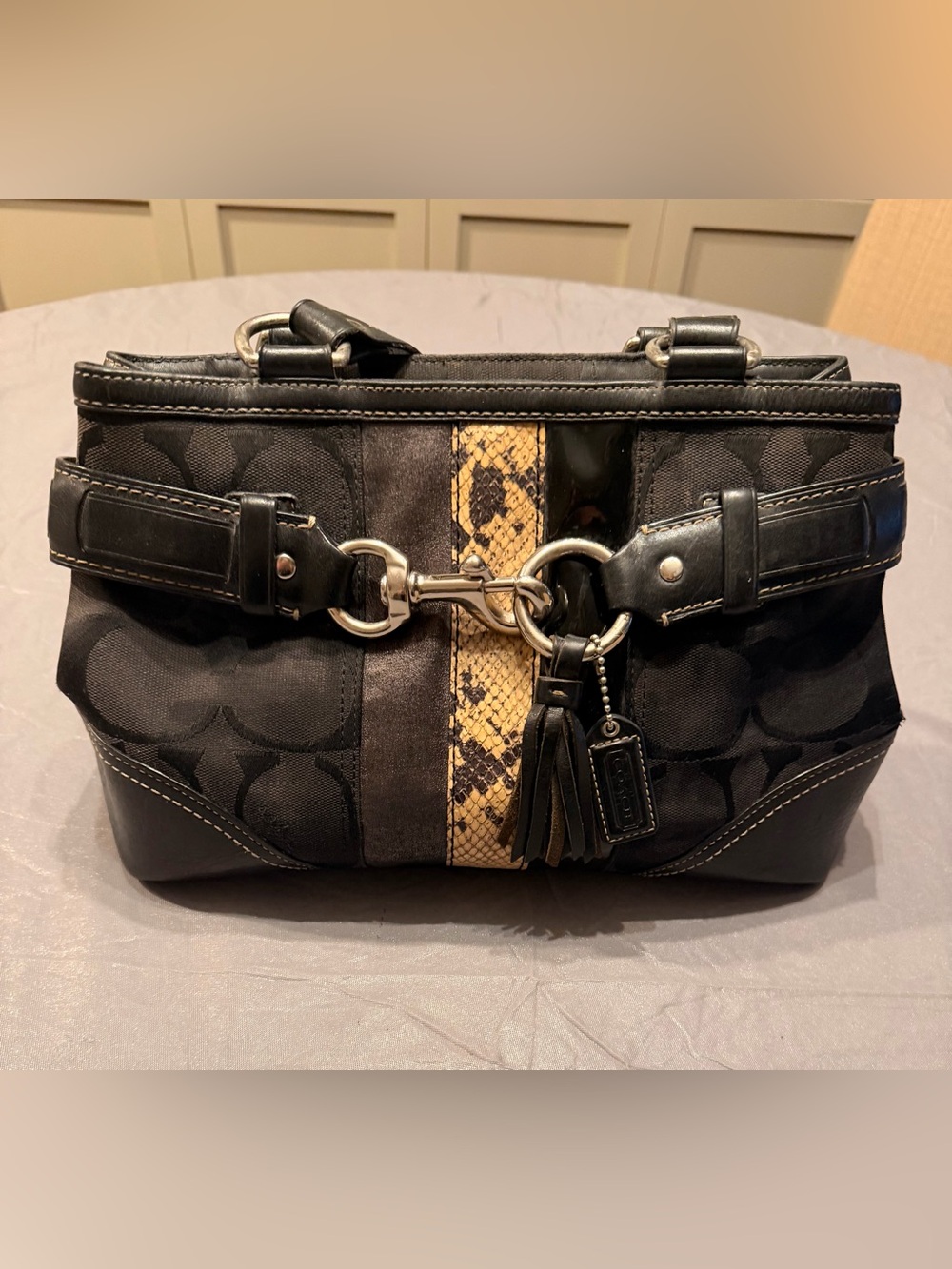 Coach Black Shoulder Bag with Yellow Snakeskin Stripe